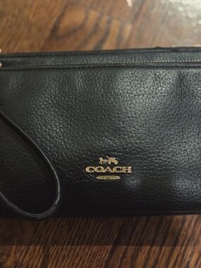 Coach Black Leather Double Zip Wristlet with Gold Logo